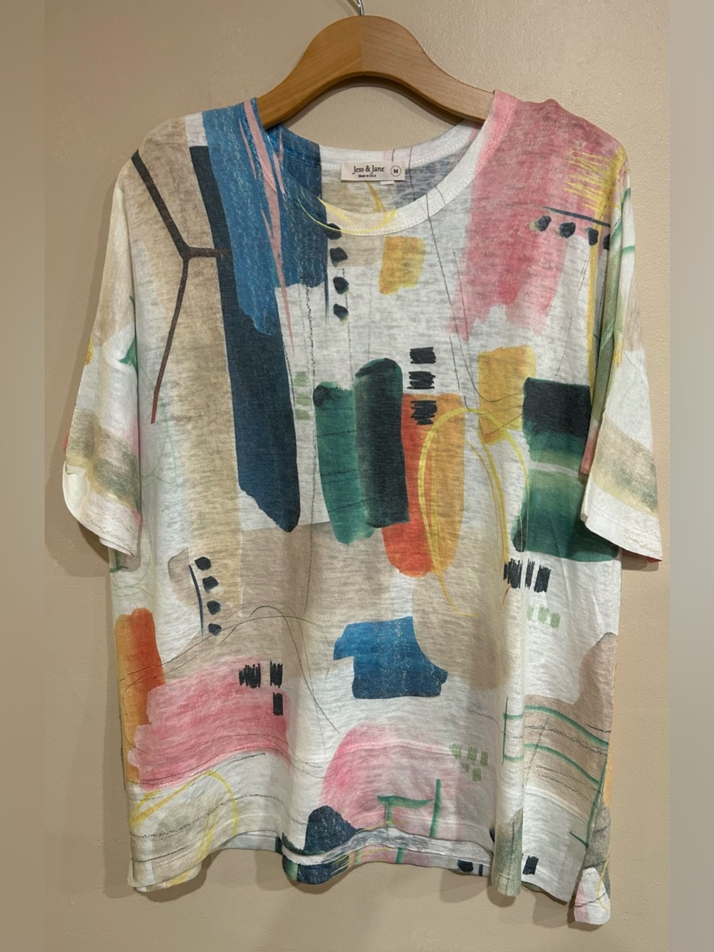 Jess & Jane 3/4 Sleeve Abstract Blouse Size Medium Colorful Artistic
